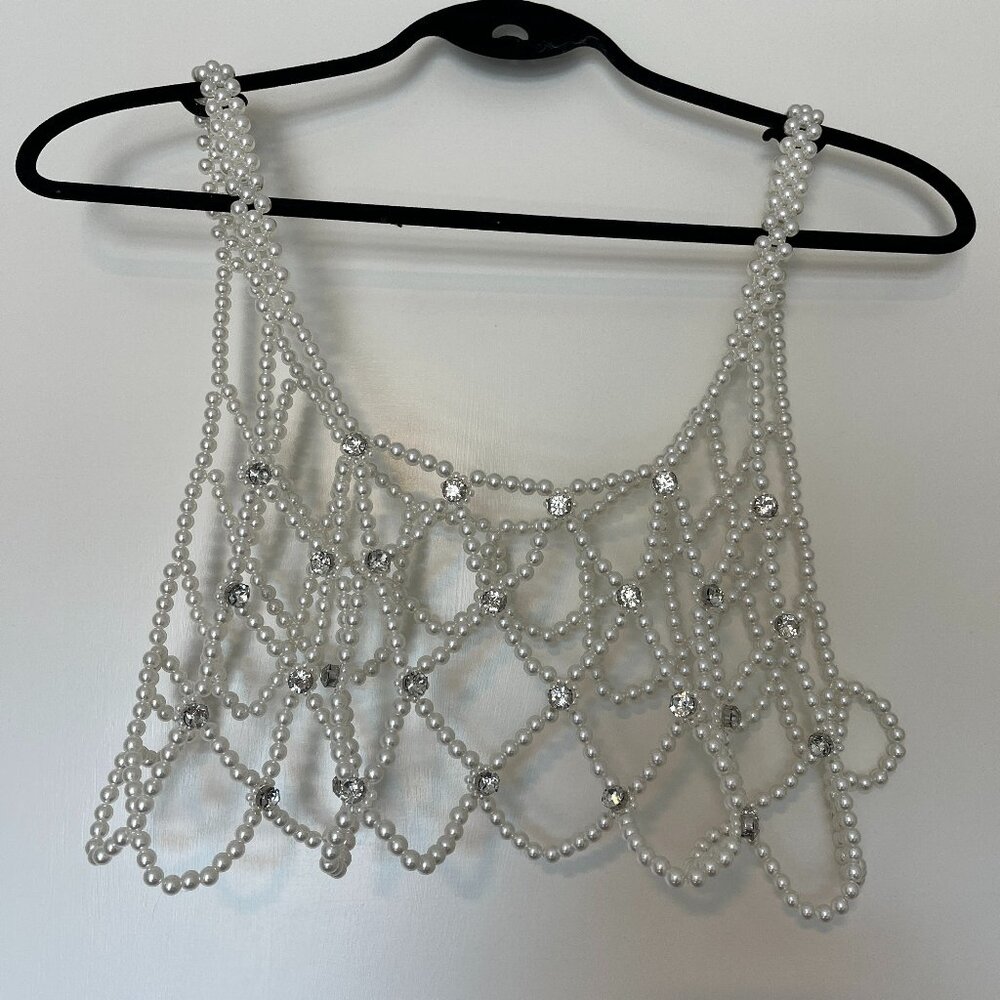 NEW Stradivarius Pearl Vest with Rhinestone Accents Cropped One Size